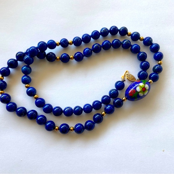 VTG Chinese 14K Gold Natural Lapis Beads Necklace Cloisonne Handpainted Pendant